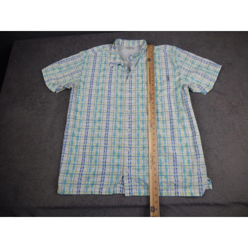 Columbia PFG Mens Blue Green Fish Print Short Sleeve Button Down Shirt XL - Picture 6 of 9